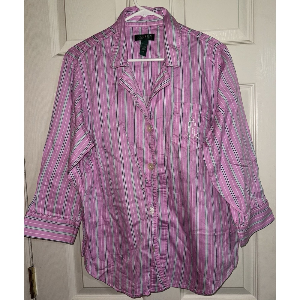 Lauren Ralph Lauren sleepwear top Monogram Pink Striped Collared Button XL